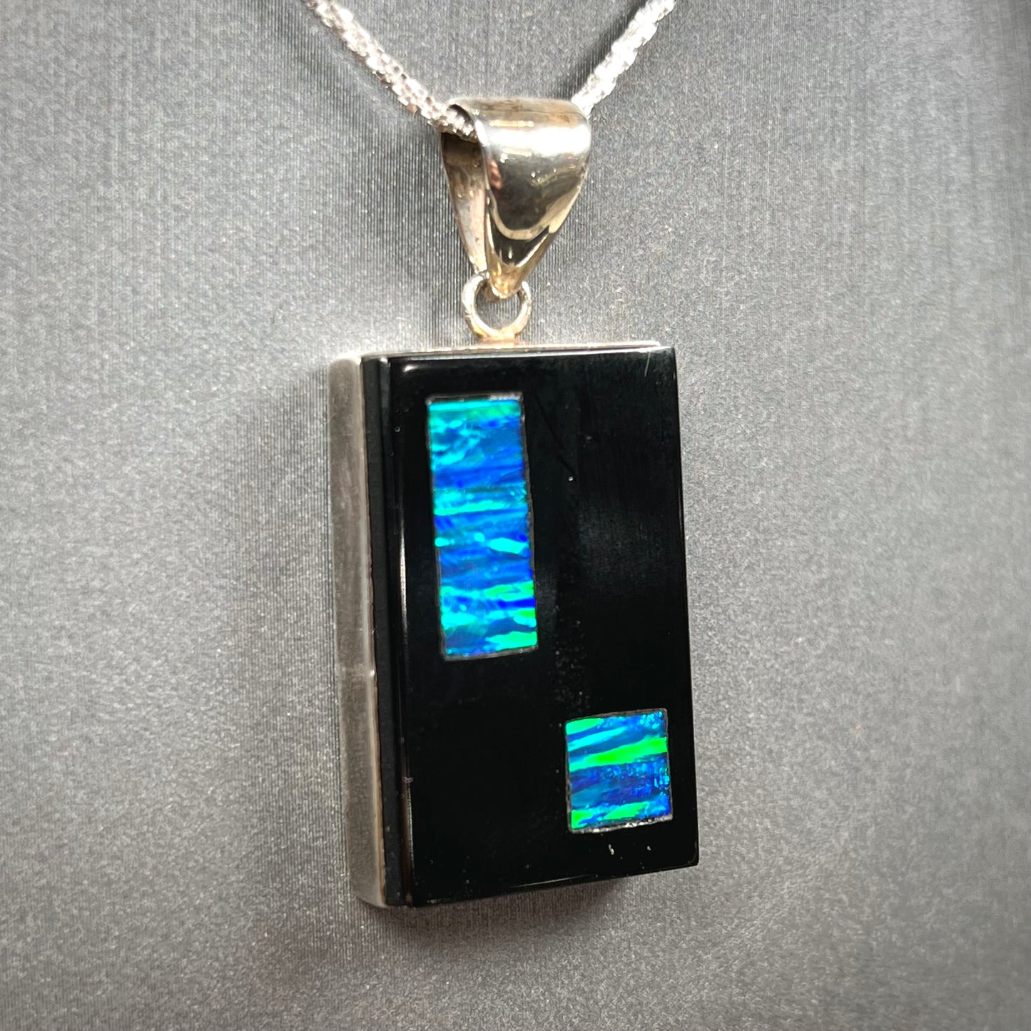 Onyx and Synthetic Opal Inlay Pendant | Sterling Silver
