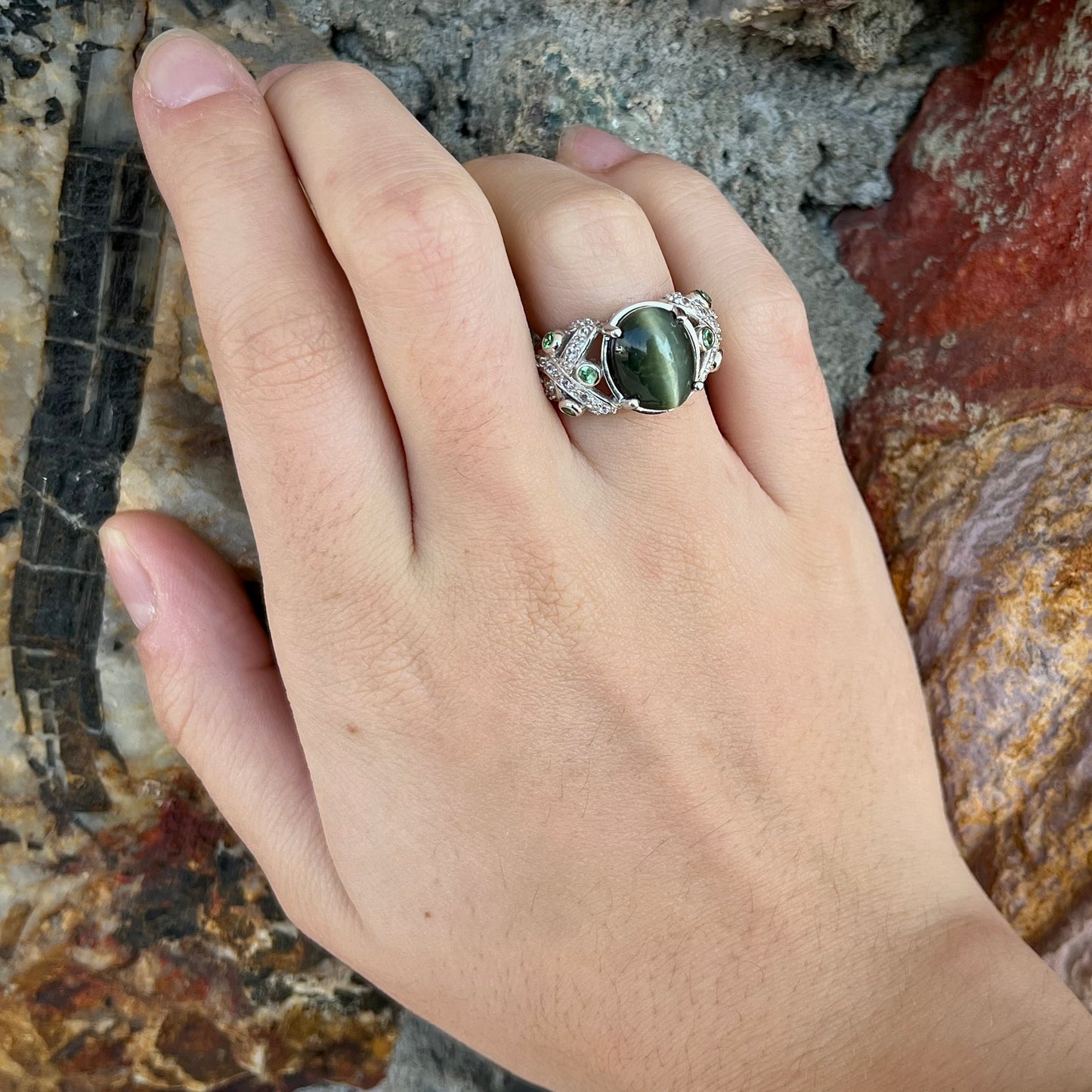 Cat's Eye Jade and Garnet Ring | Sterling Silver