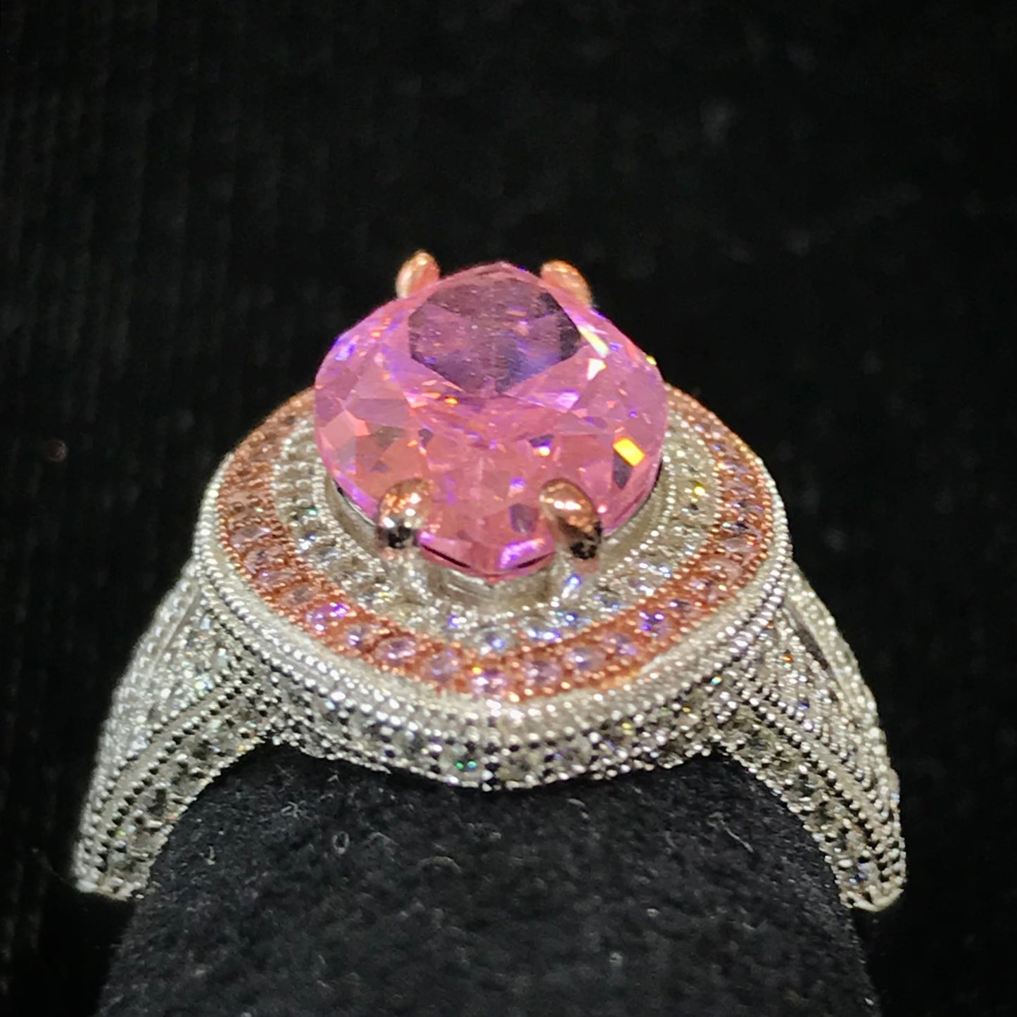 Pink marquee cubic zirconia ring set in sterling silver.