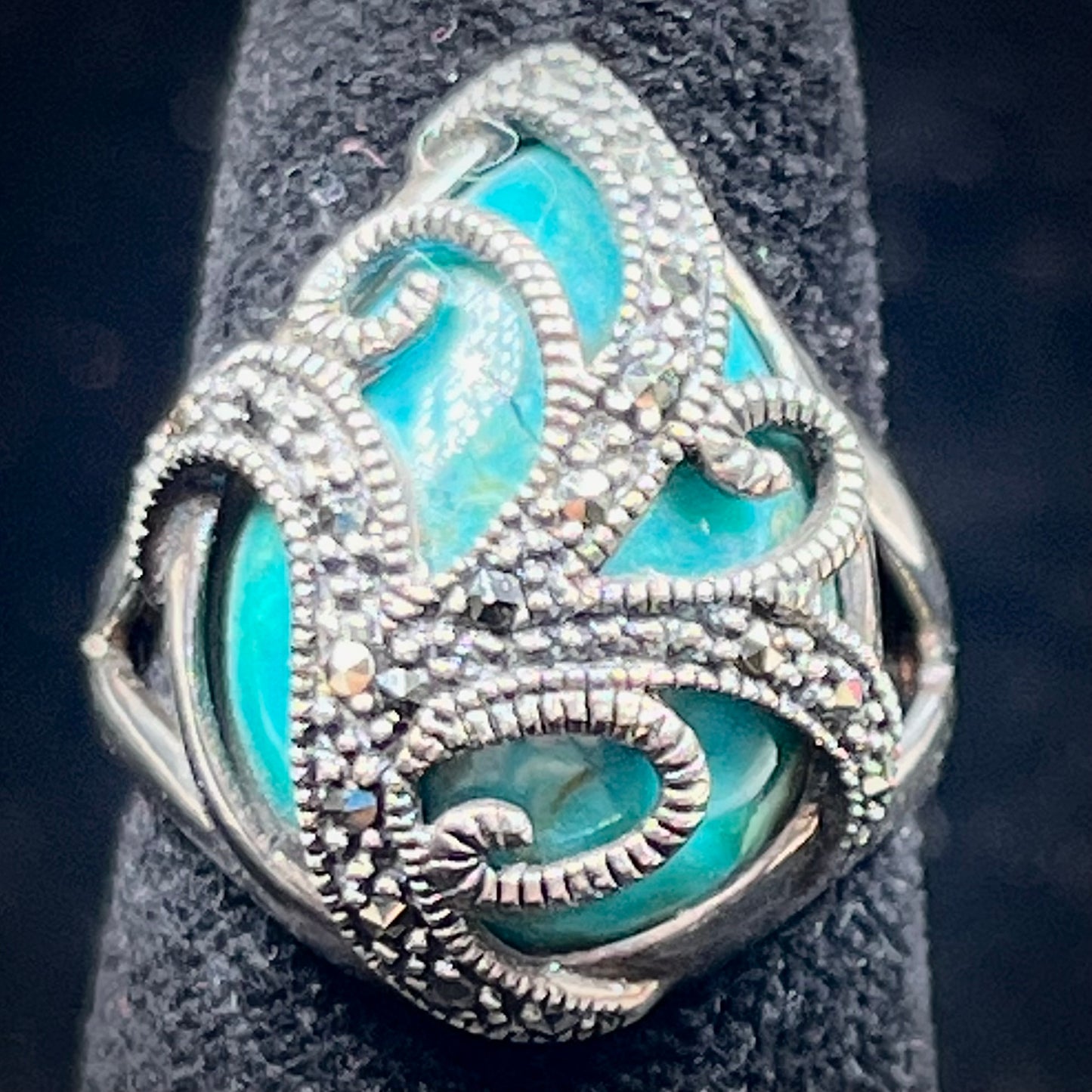 Chrysocolla Ring with Marcasite Swirl Design | Sterling Silver