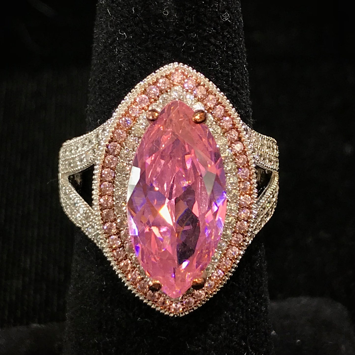 Pink marquee cubic zirconia ring set in sterling silver.