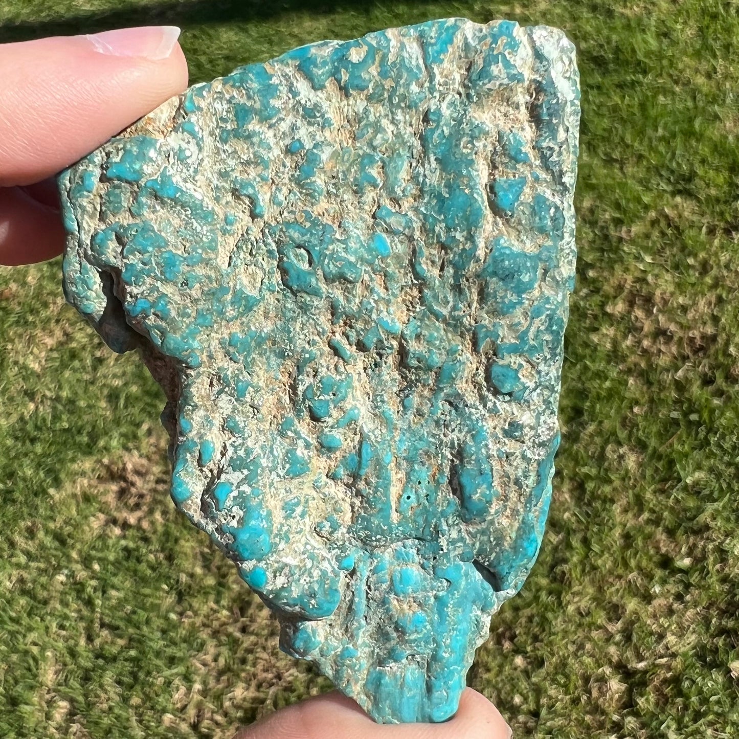 A loose semi-polished rough Sleeping Beauty turquoise stone.