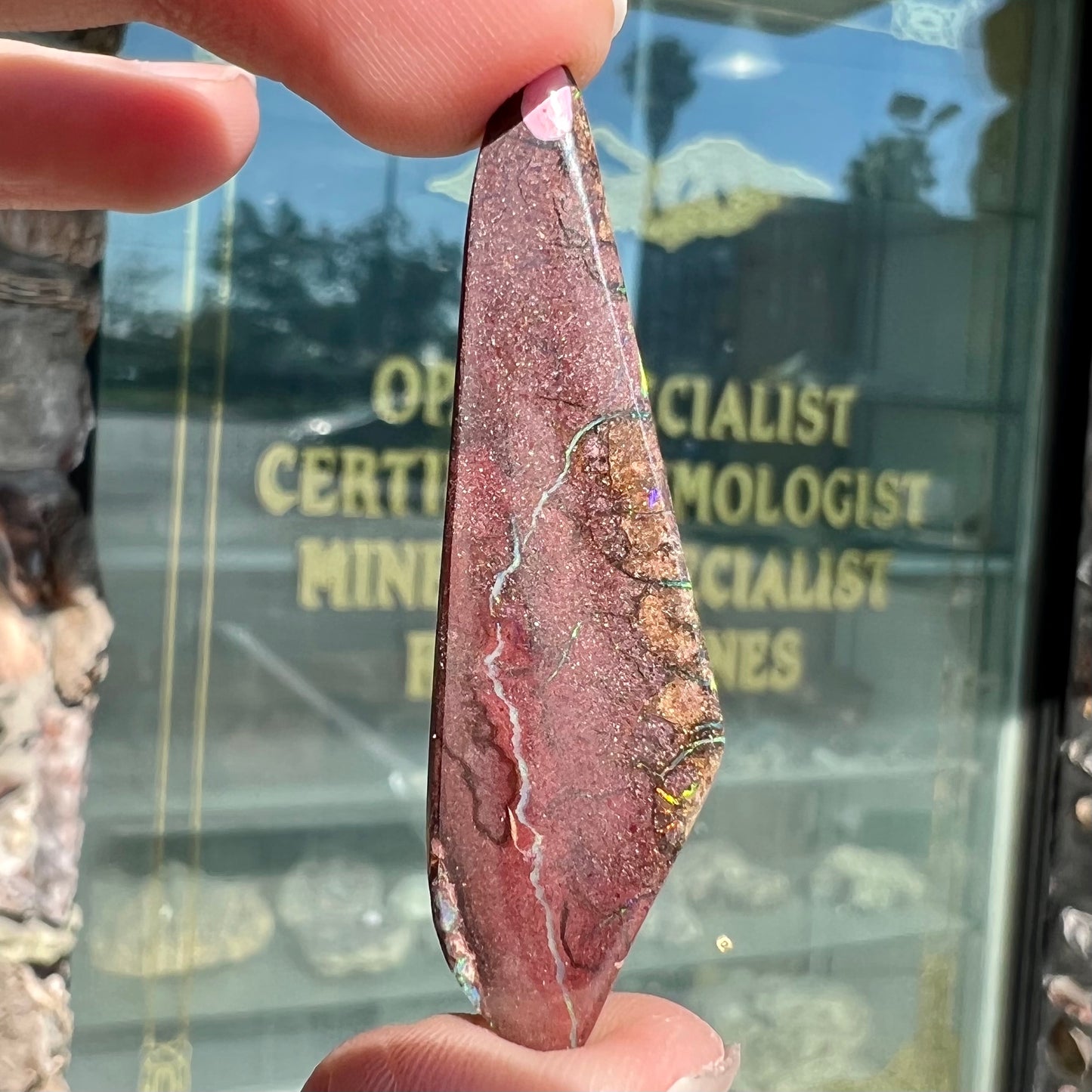 A loose, freeform cabochon cut Koroit boulder opal stone.