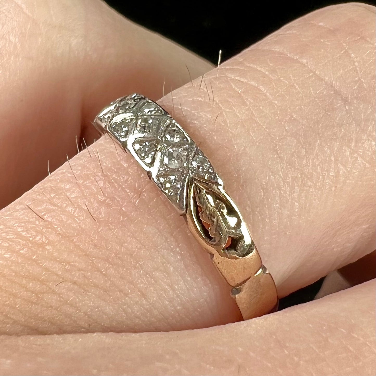 An antique yellow gold ladies' band set with old European cut diamonds.