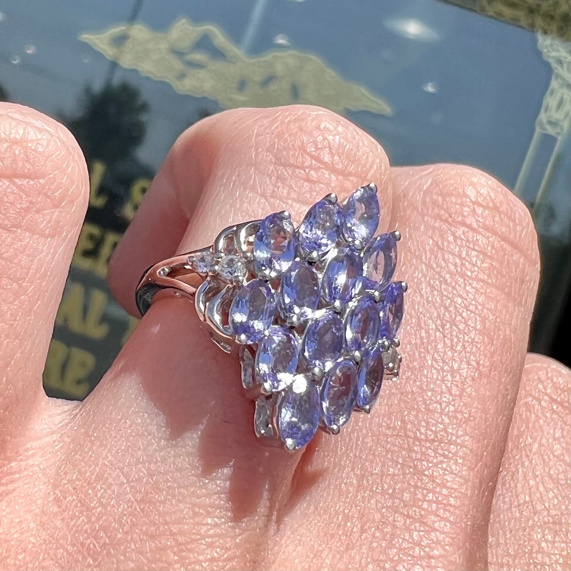 A sterling silver gemstone cluster ring set with oval cut tanzanite stones and round cubic zirconia accents.