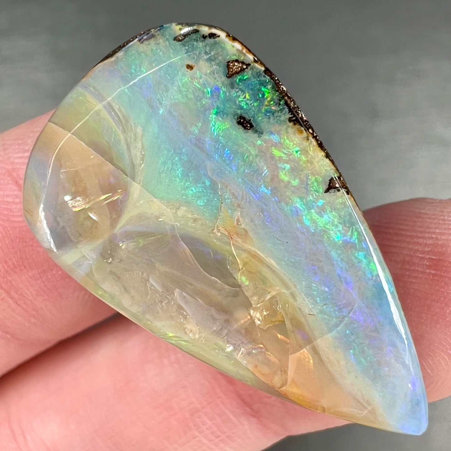 A loose, pear shaped boulder opal stone from Queensland, Australia. Predominant colors are blue, purple, and green.