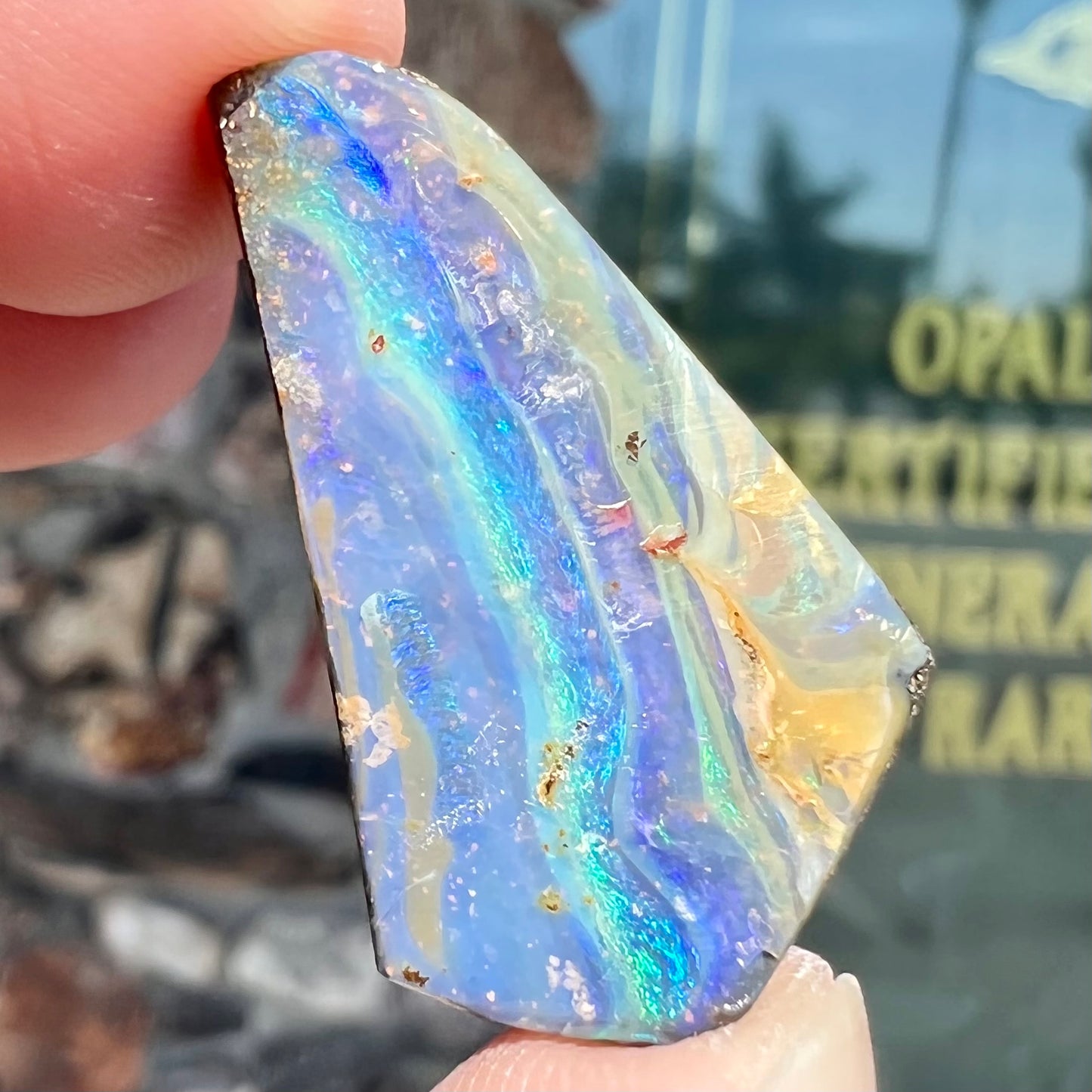 A loose, polished, freeform cut boulder opal stone from Queensland, Australia.