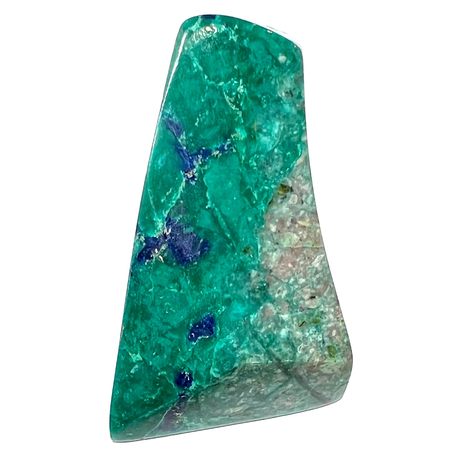 A loose polished sculpture of green chrysocolla with blue azurite inclusions.