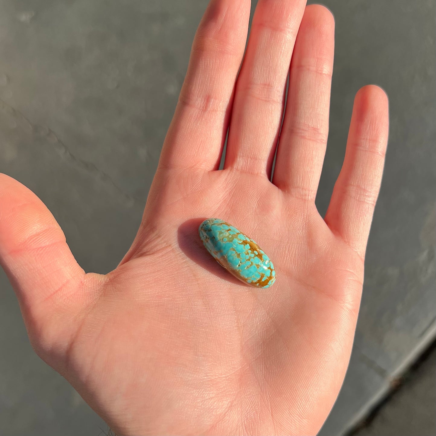 An oval cabochon cut loose turquoise stone from the Number 8 Mine in Nevada. Blue with chocolate matrix.