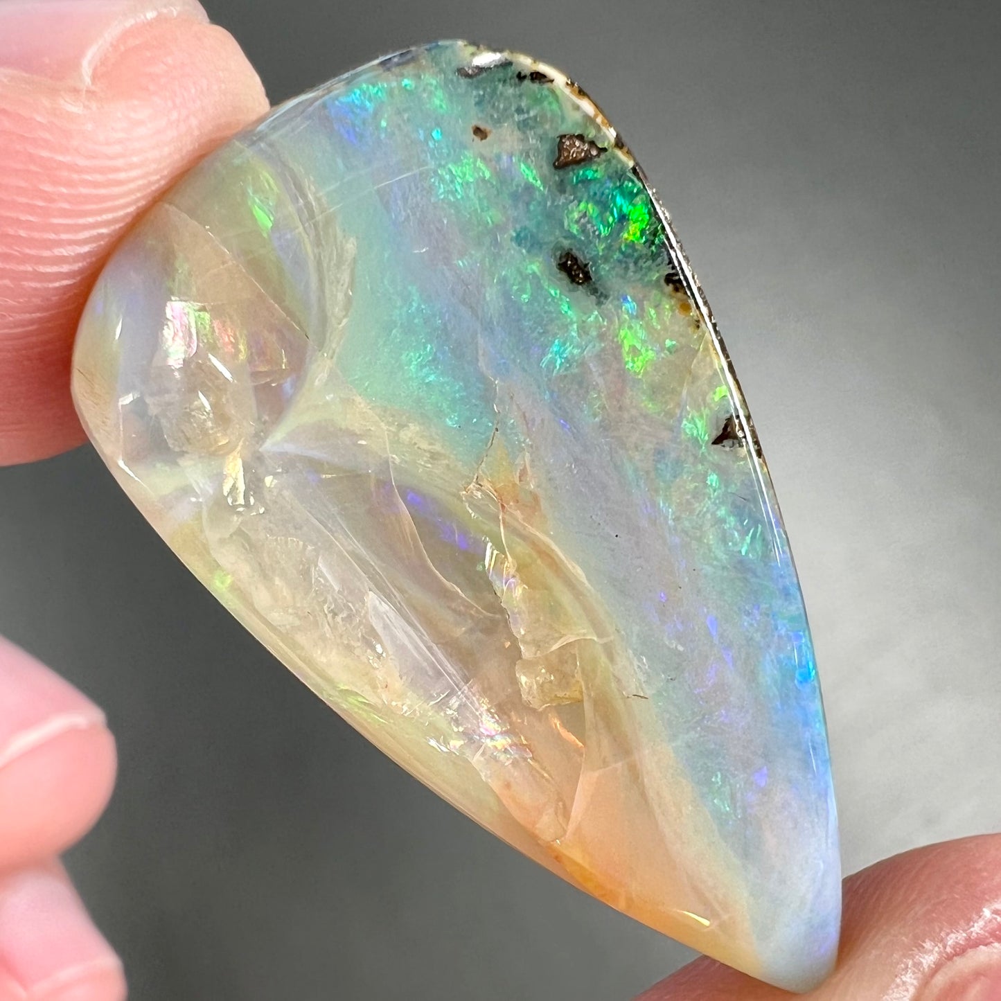 A loose, pear shaped boulder opal stone from Queensland, Australia. Predominant colors are blue, purple, and green.