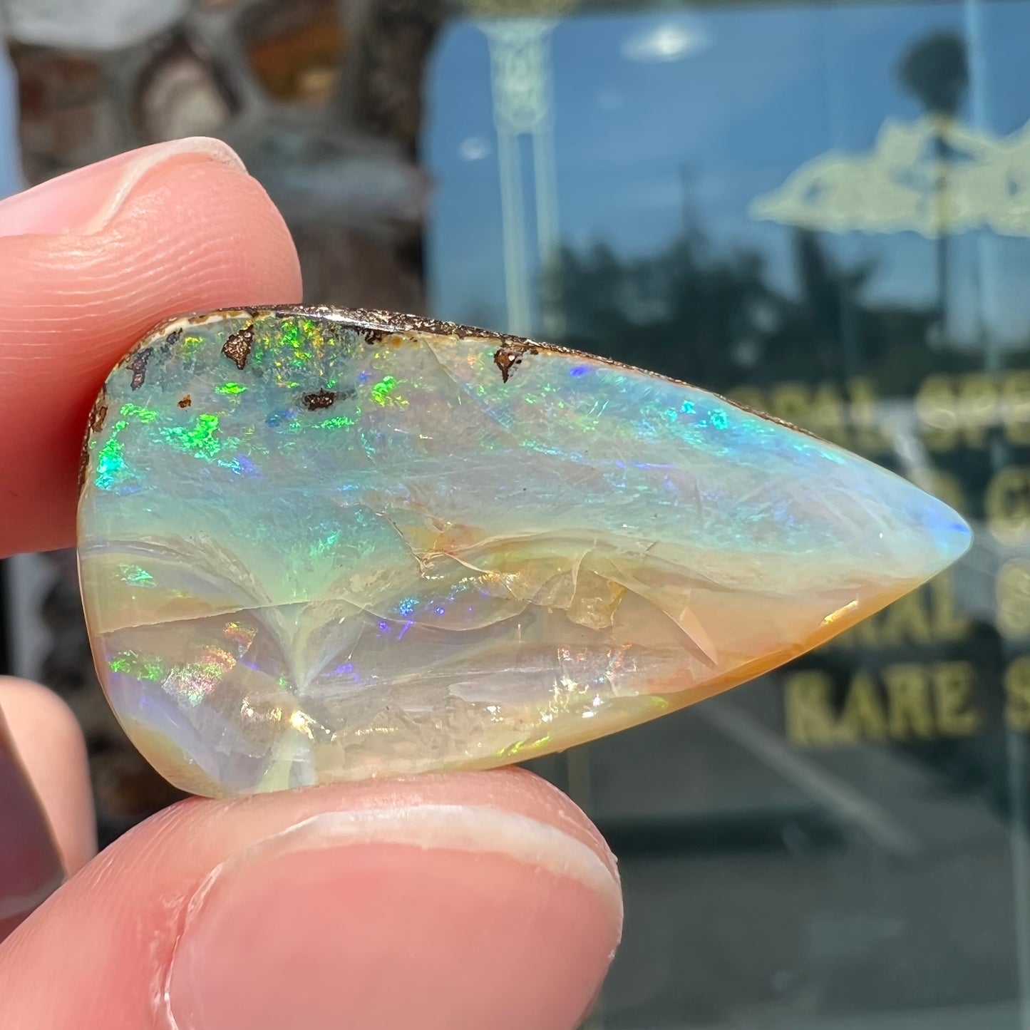 A loose, pear shaped boulder opal stone from Queensland, Australia. Predominant colors are blue, purple, and green.