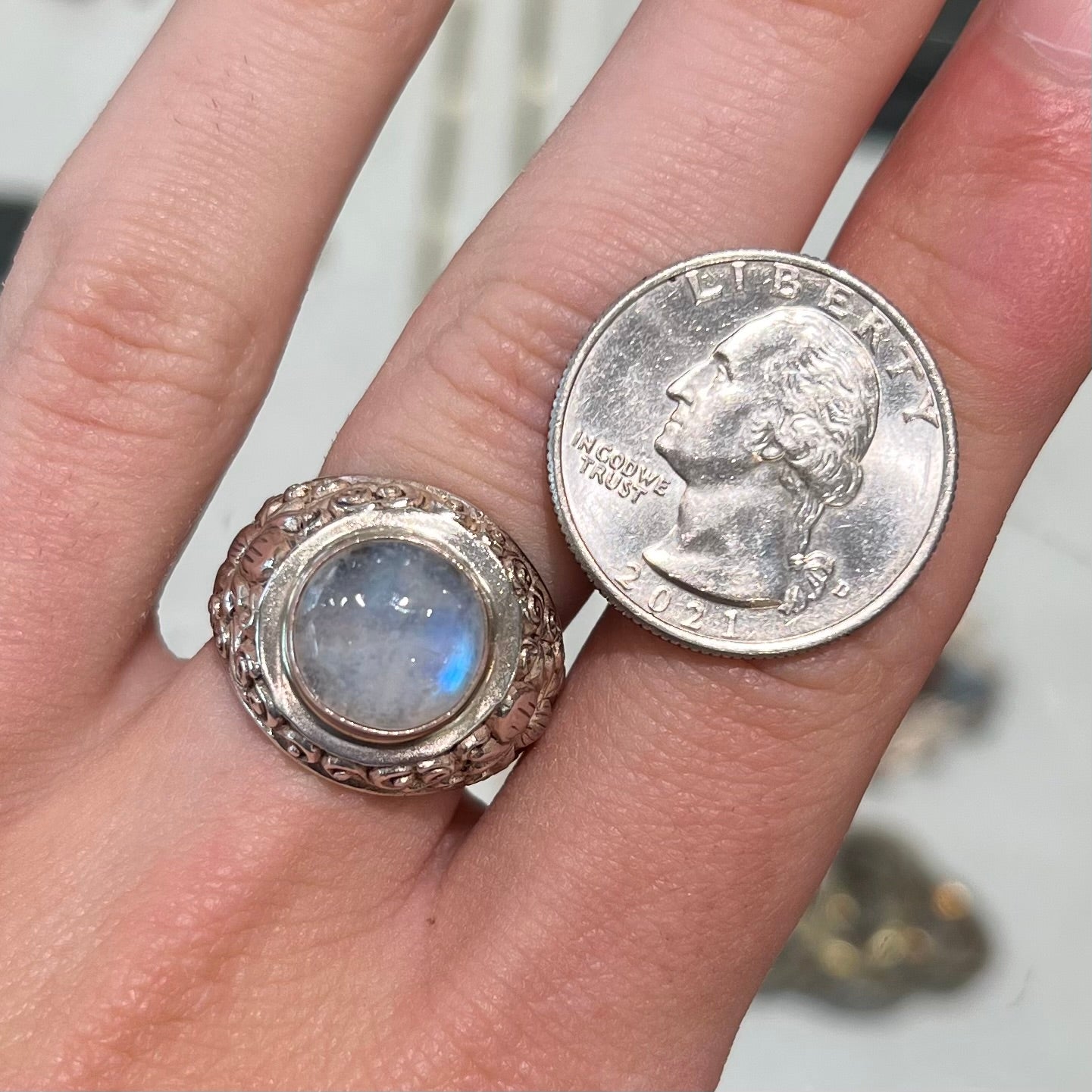 Unisex Moonstone Scroll Ring | Sterling Silver | Estate