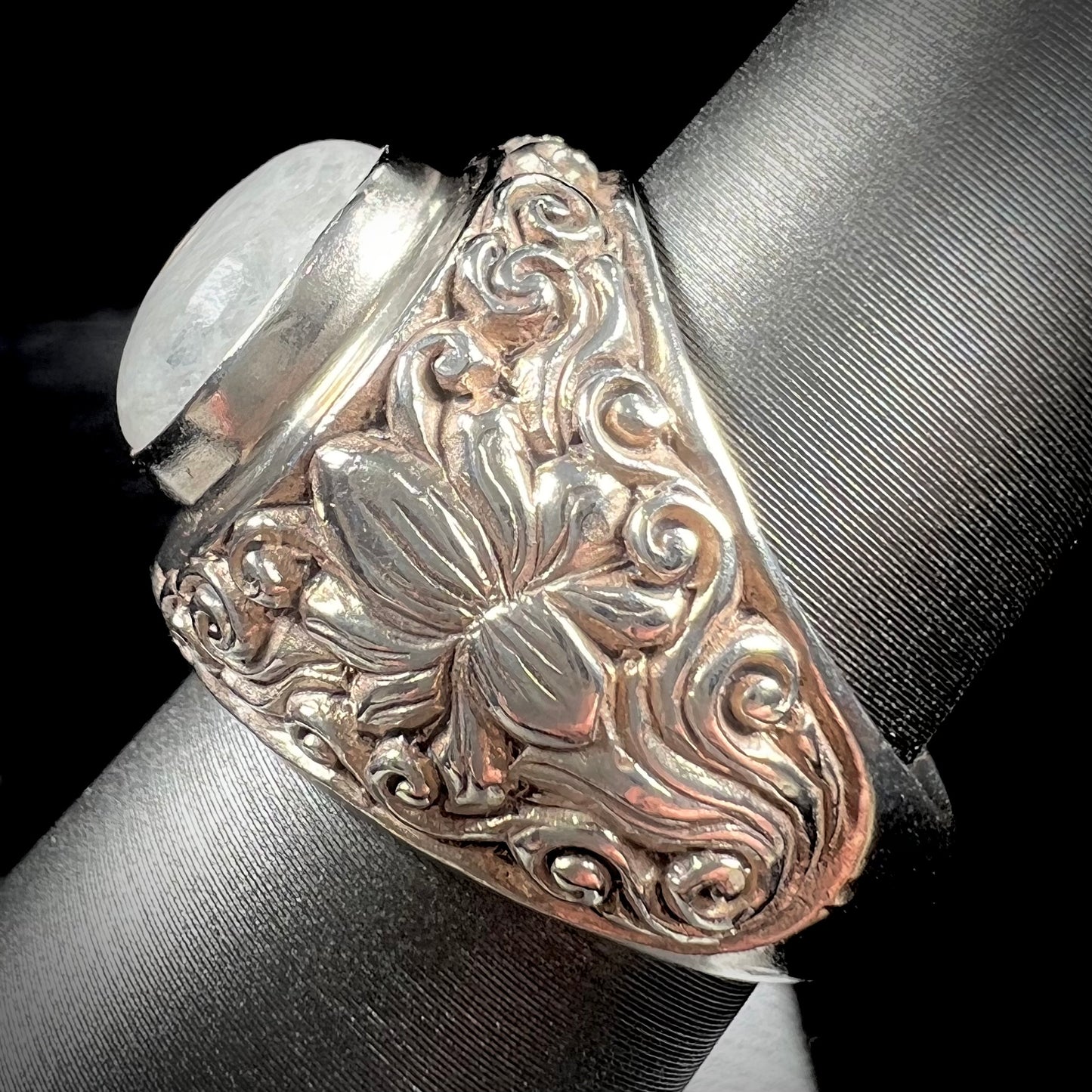 Unisex Moonstone Scroll Ring | Sterling Silver | Estate