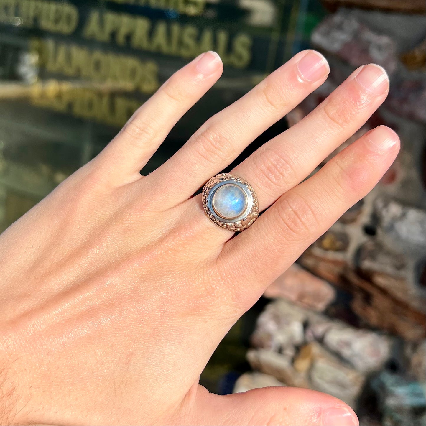 Unisex Moonstone Scroll Ring | Sterling Silver | Estate