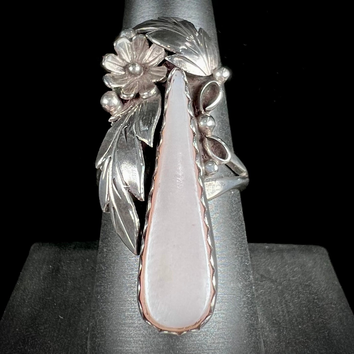 A sterling silver mother of pearl drop ring handmade in Navajo style, signed "MORNINGSTAR."