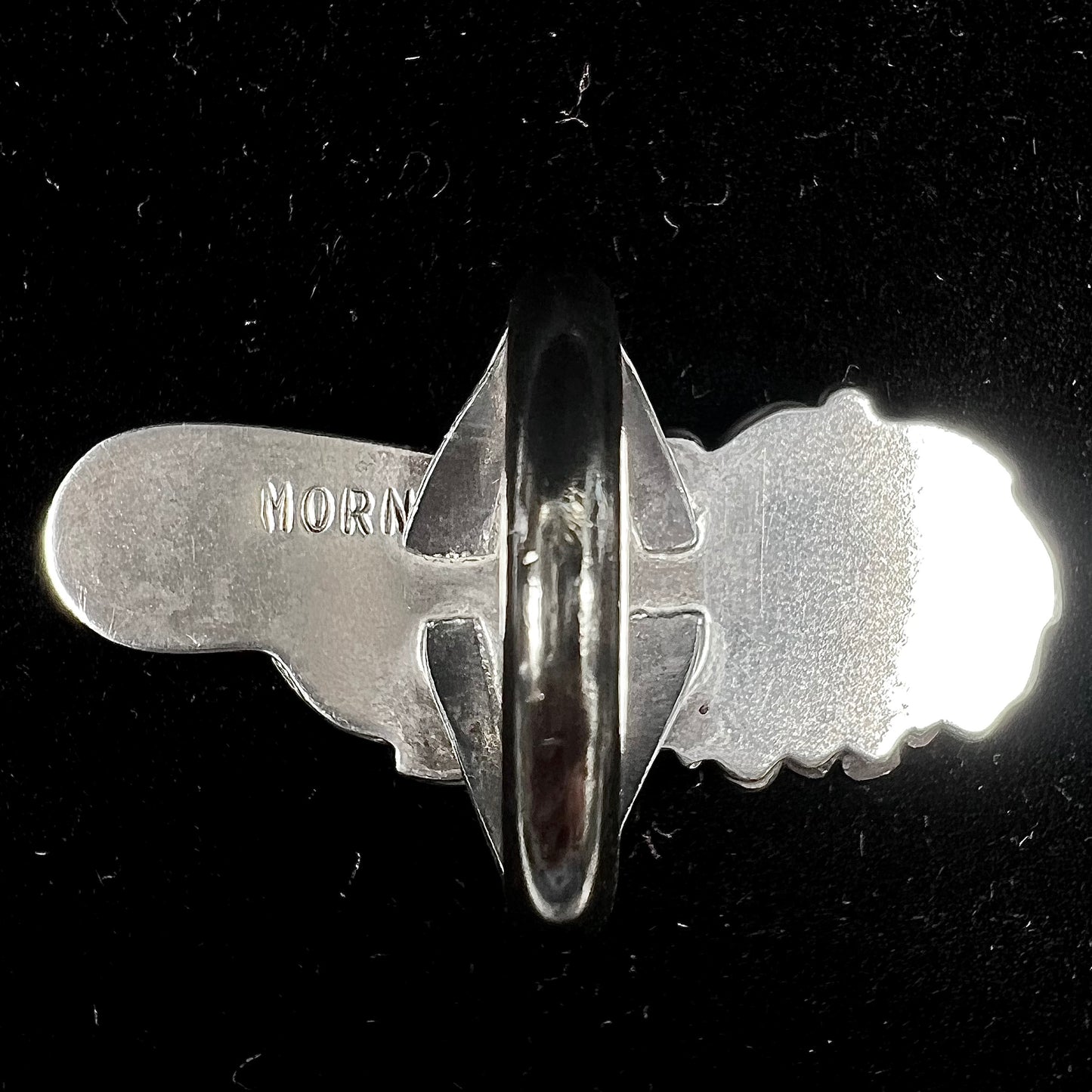 A sterling silver mother of pearl drop ring handmade in Navajo style, signed "MORNINGSTAR."