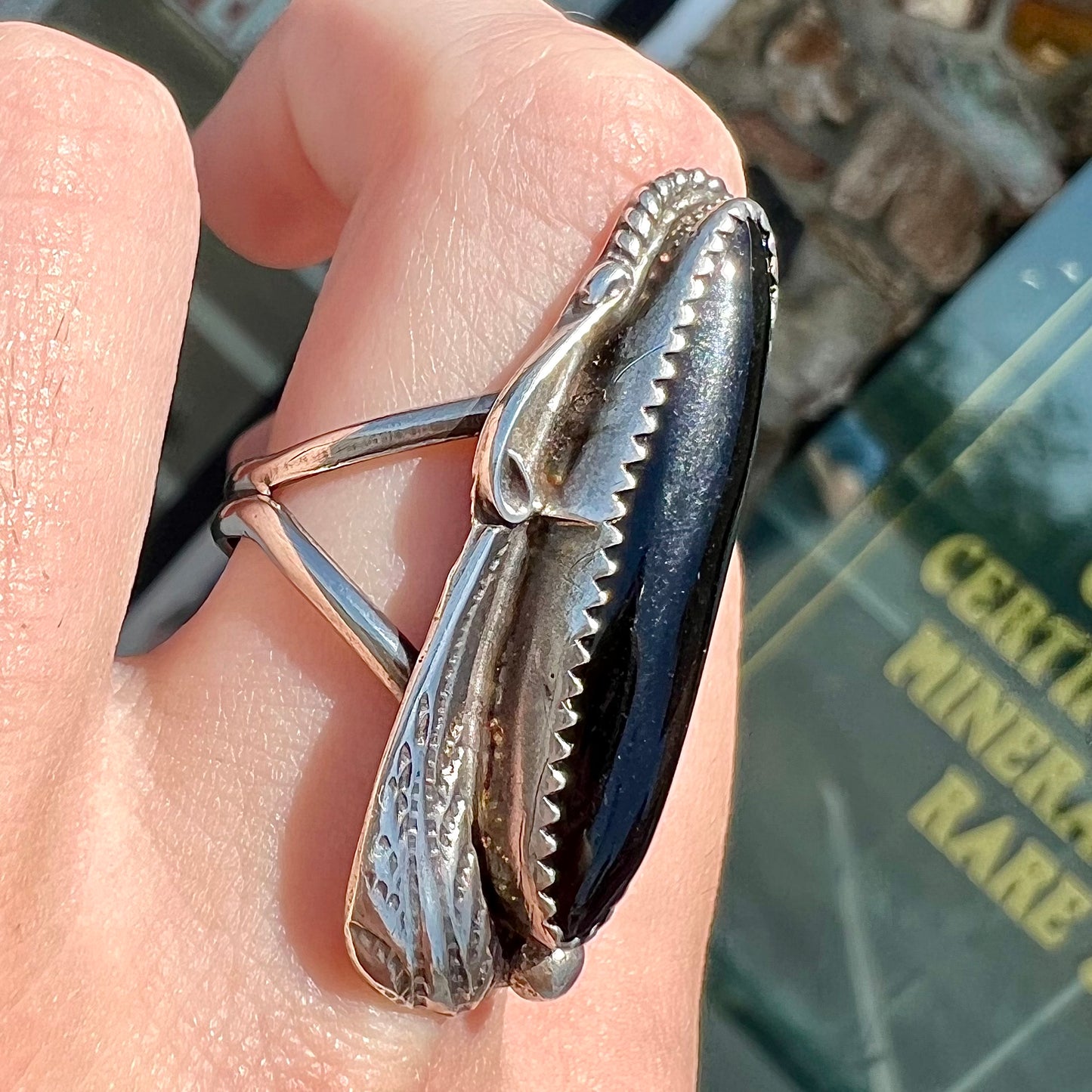 A sterling silver Navajo style onyx ring.