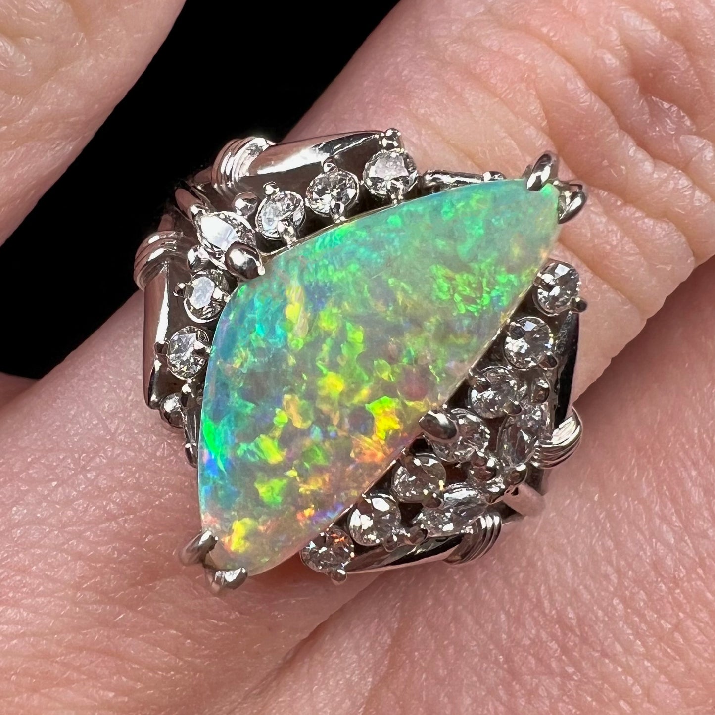 Camille | 2.11ct Australian Crystal Opal & Diamond Platinum Ring