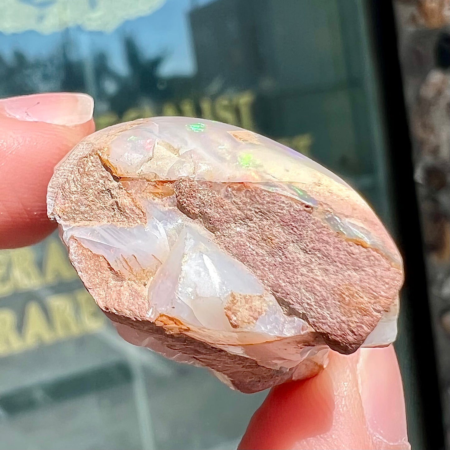 A preform polished matrix opal specimen from White Bluffs, Australia. Predominant colors are red, green, and violet.