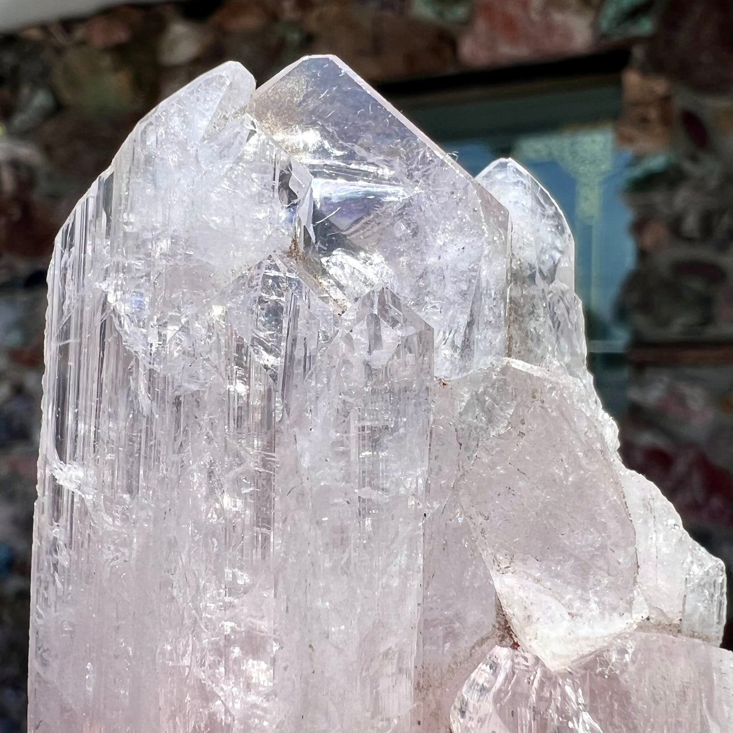 A 3.6 inch long pink danburite crystal specimen. There are five twinned crystals coming off of a larger crystal.