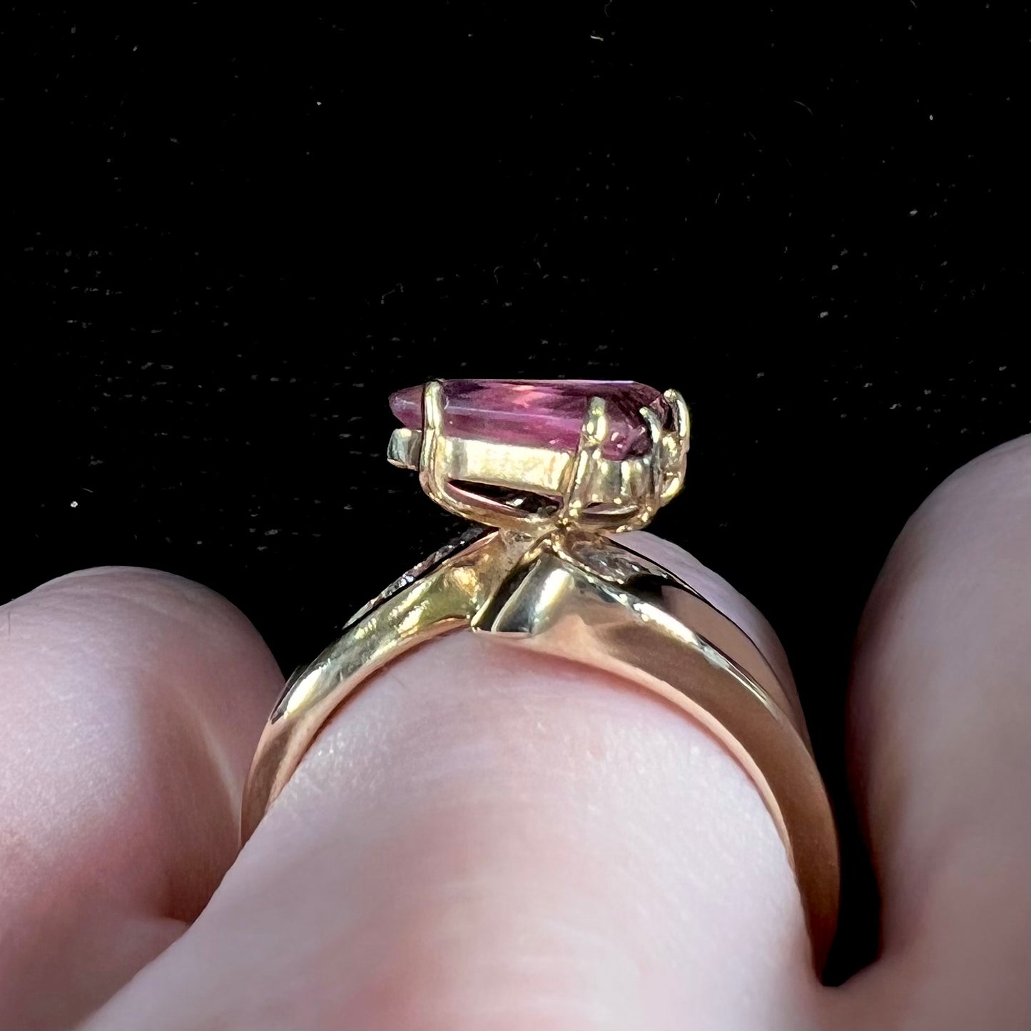 An estate yellow gold and diamond triangle cut Pala pink tourmaline ladies' ring.