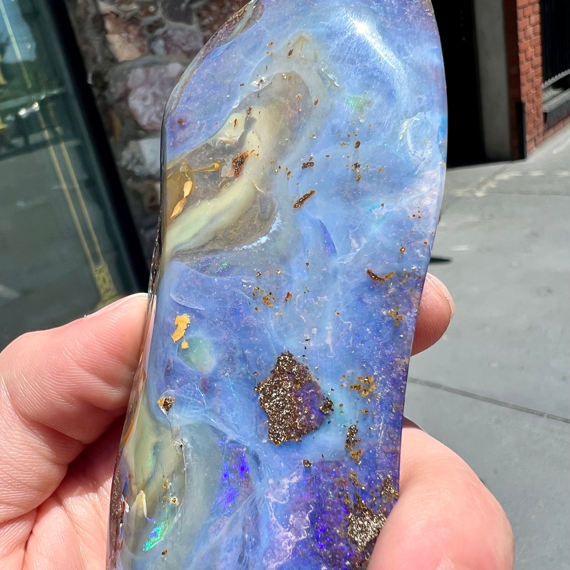 A 7 inch long polished blue Quilpie boulder opal specimen from Queensland, Australia.