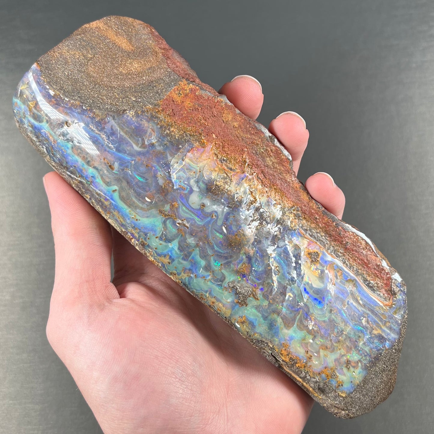 A 7 inch long, polished Quilpie boulder opal specimen. The stone shows colors of blue, green, and orange.