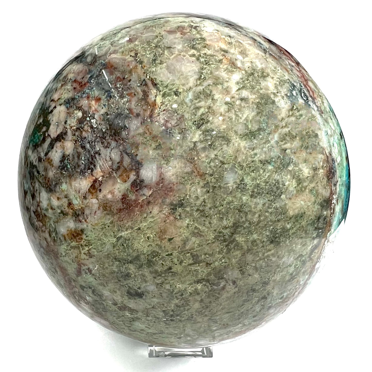 A stone sphere cut from Eilat Stone, mined in Israel.  Material contains turquoise, chrysocolla, azurite, malachite, and cuprite.