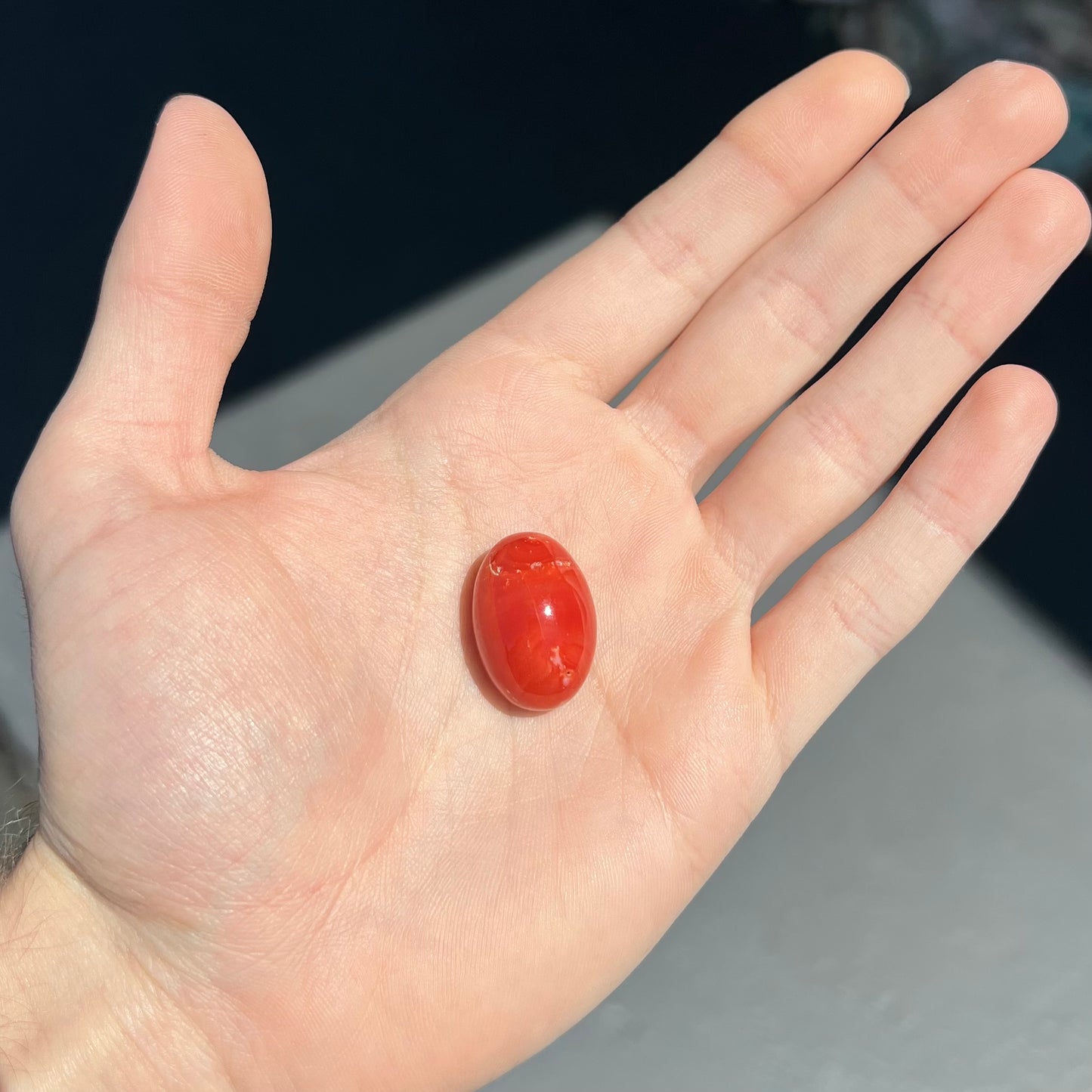 A large, loose red coral cabochon that measures 1 inch by 0.7 inches.