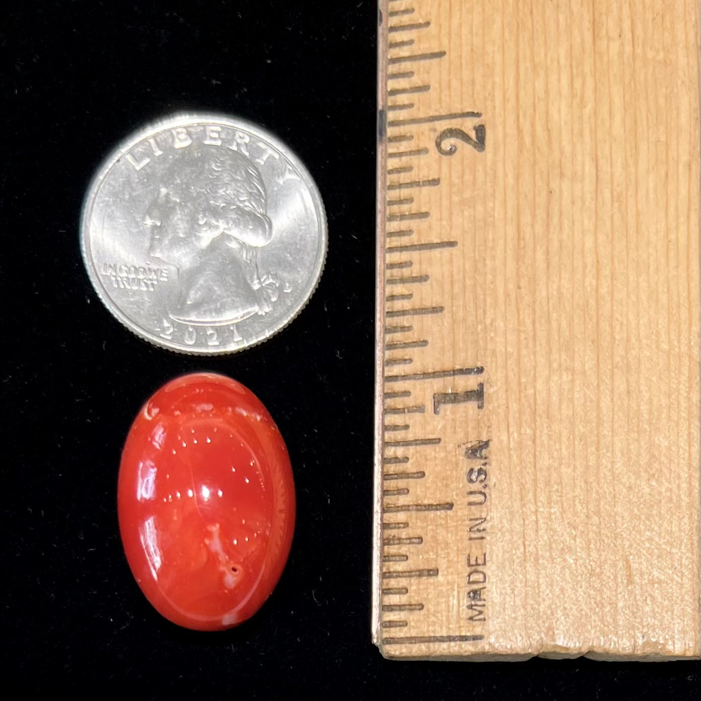 A large, loose red coral cabochon that measures 1 inch by 0.7 inches.
