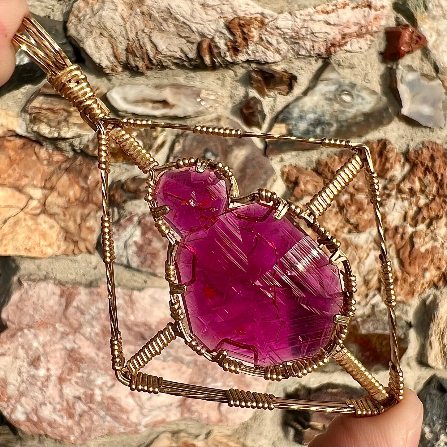 Synthetic Ruby Crystal Wire Wrap Pendant | Gold Filled