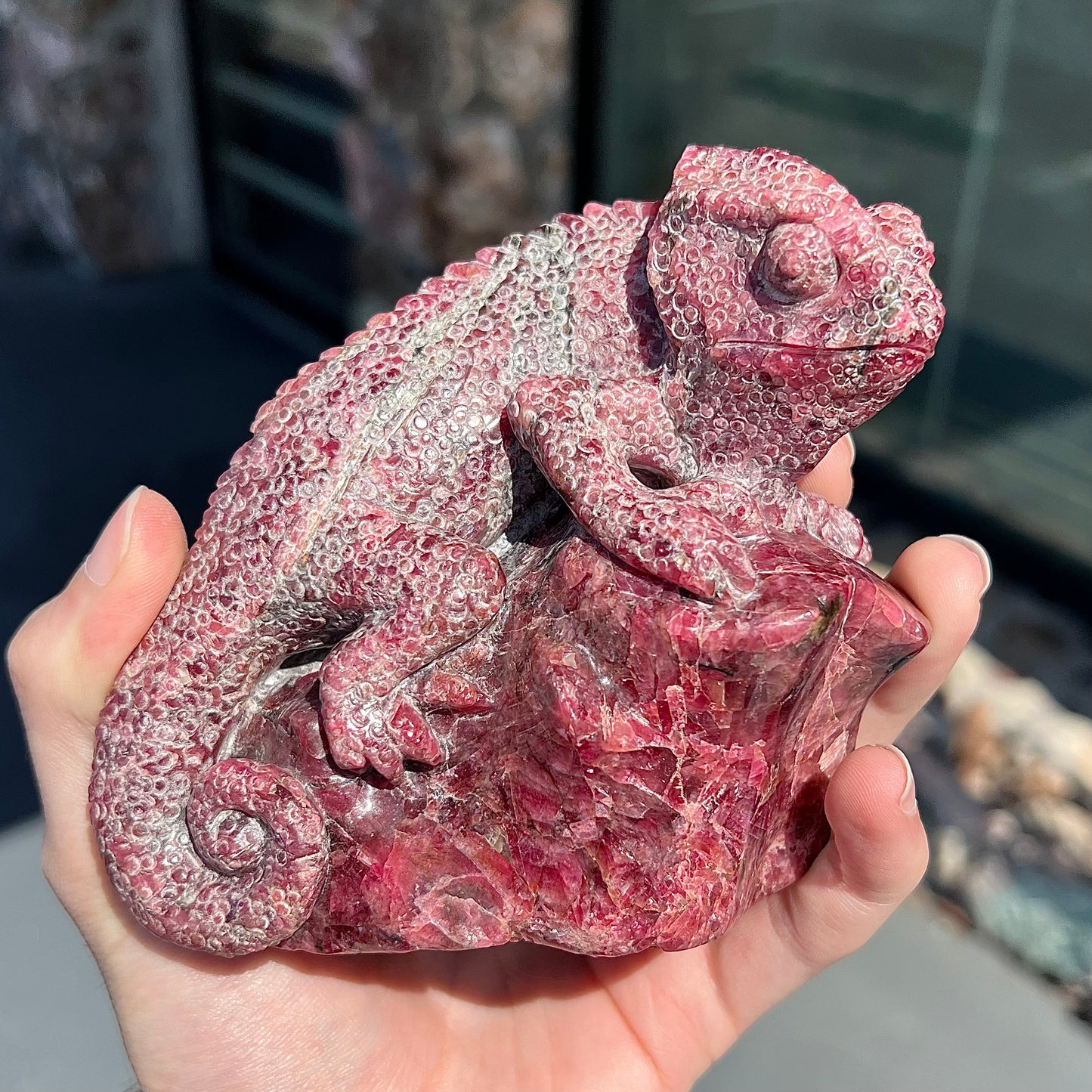 A stone chameleon lizard carved from natural rhodonite by artist, Ronald Stevens.