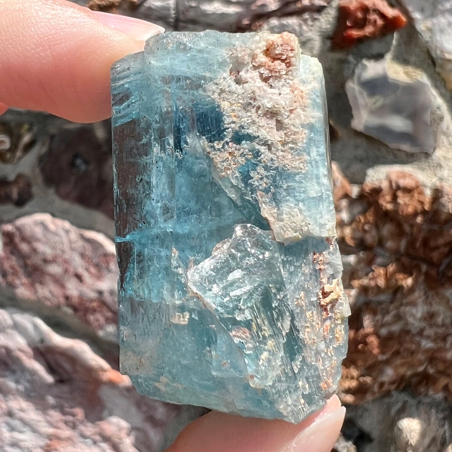 A six sided, natural blue aquamarine crystal from Vietnam.