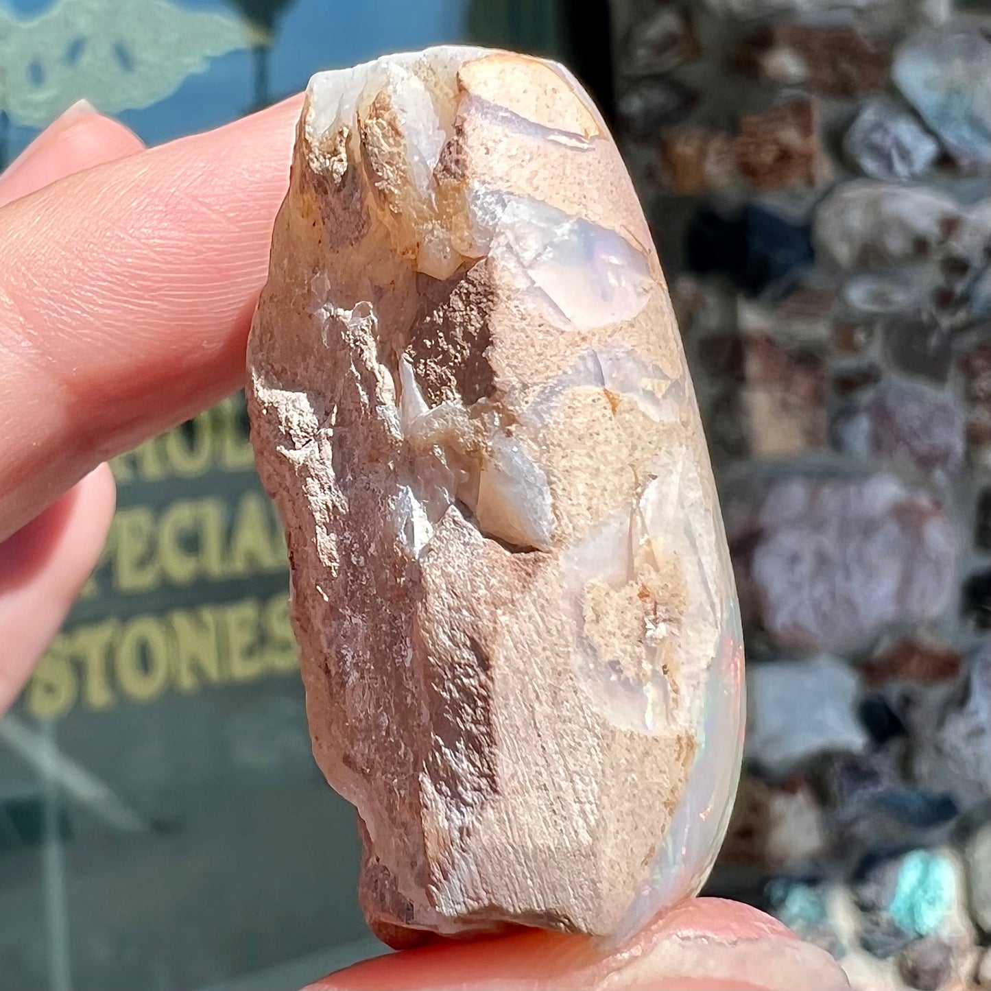 A preform polished matrix opal specimen from White Bluffs, Australia. Predominant colors are red, green, and violet.