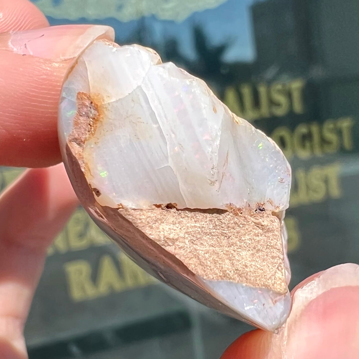 A preform polished matrix opal specimen from White Bluffs, Australia. Predominant colors are red, green, and violet.