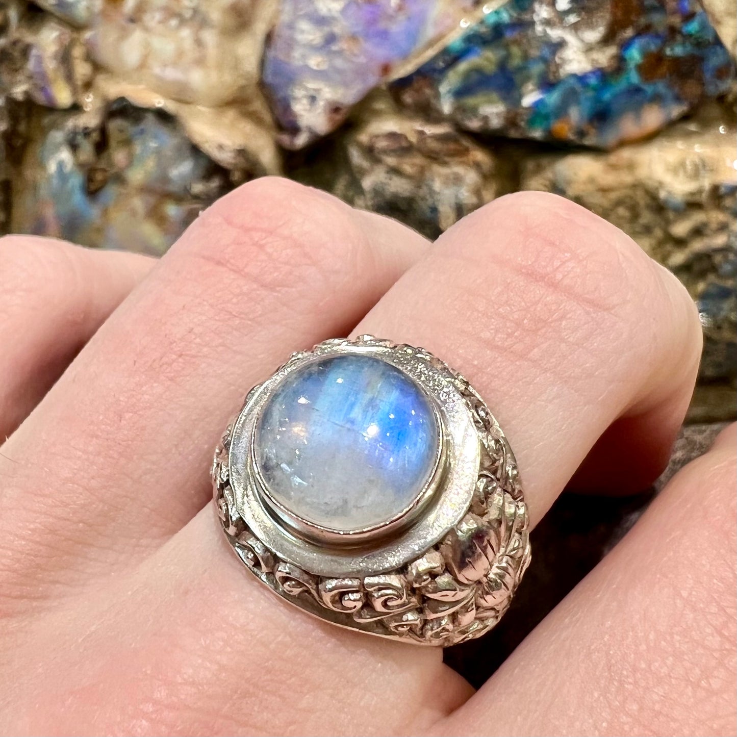 Unisex Moonstone Scroll Ring | Sterling Silver | Estate