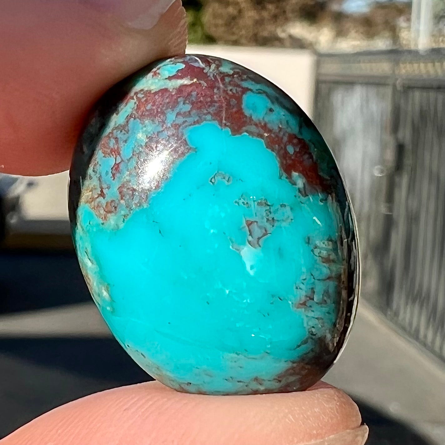 An oval cabochon cut blue turquoise stone with red cuprite inclusions from Royston District, Nevada.