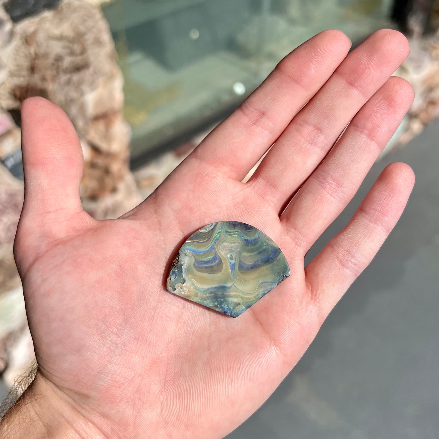 A polished, loose boulder opal stone from Queensland, Australia. Fire colors are green, blue, purple, and salmon.