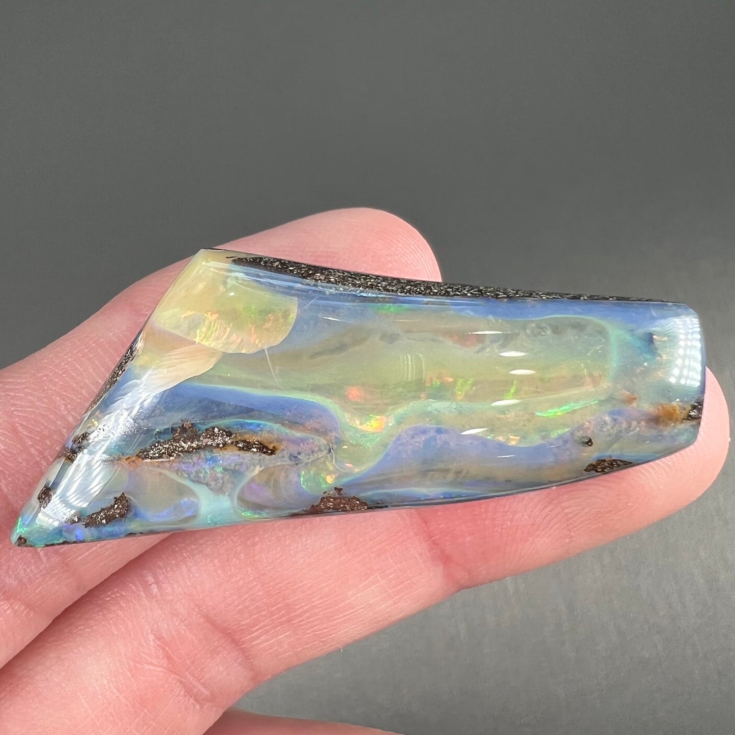 A freeform shaped, polished boulder opal stone from Queensland, Australia. The stone has red, orange, green, and blue fire.