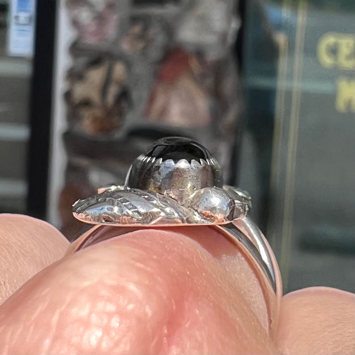 A sterling silver Navajo style onyx ring.