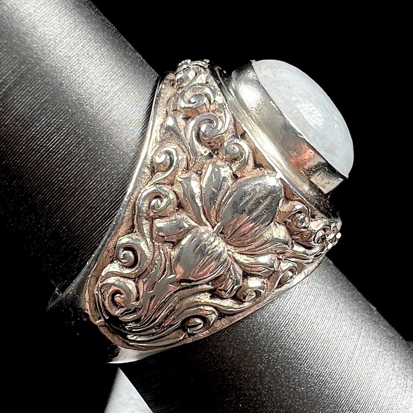 Unisex Moonstone Scroll Ring | Sterling Silver | Estate