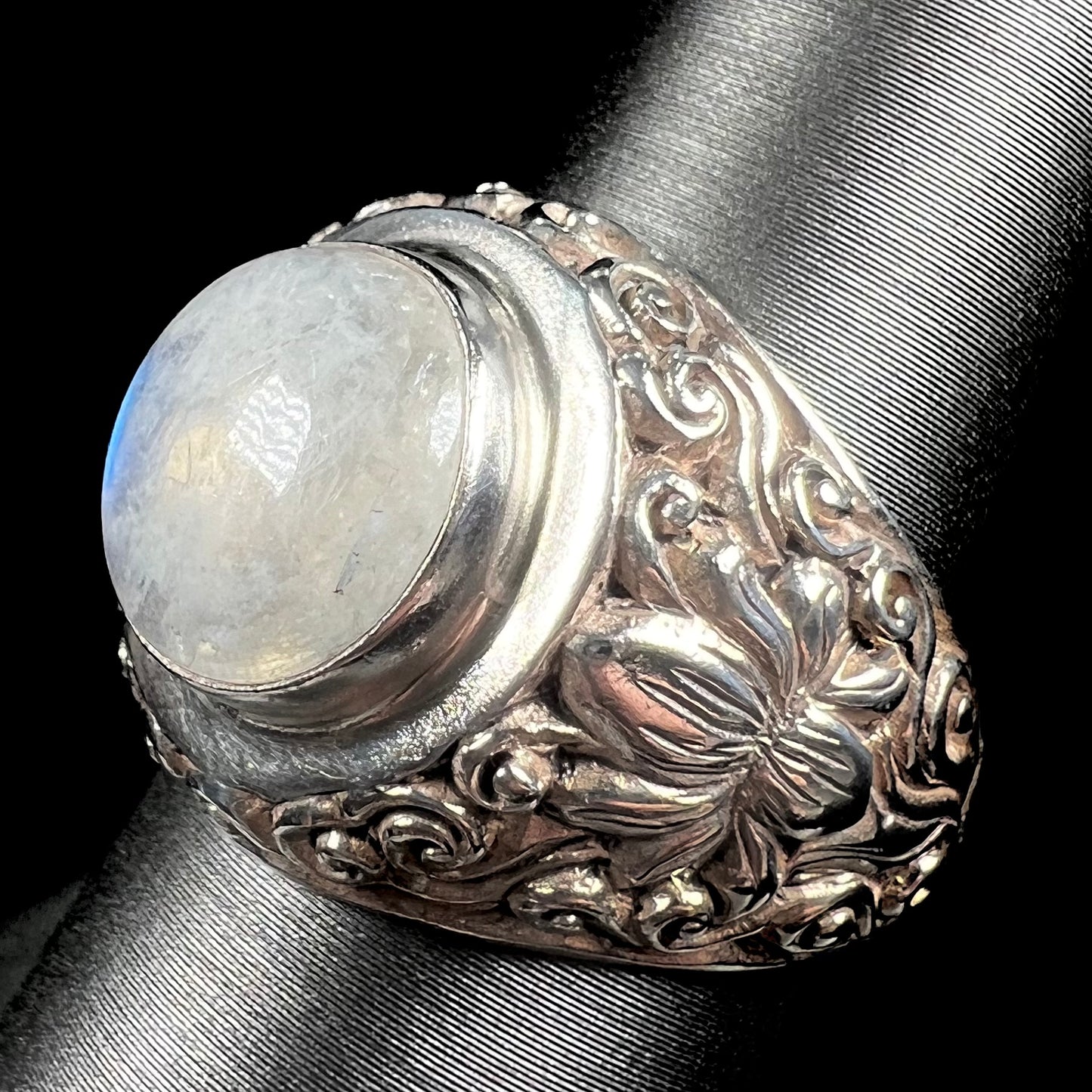 Unisex Moonstone Scroll Ring | Sterling Silver | Estate