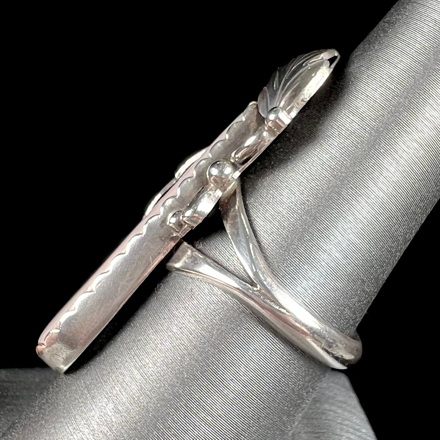 A sterling silver mother of pearl drop ring handmade in Navajo style, signed "MORNINGSTAR."