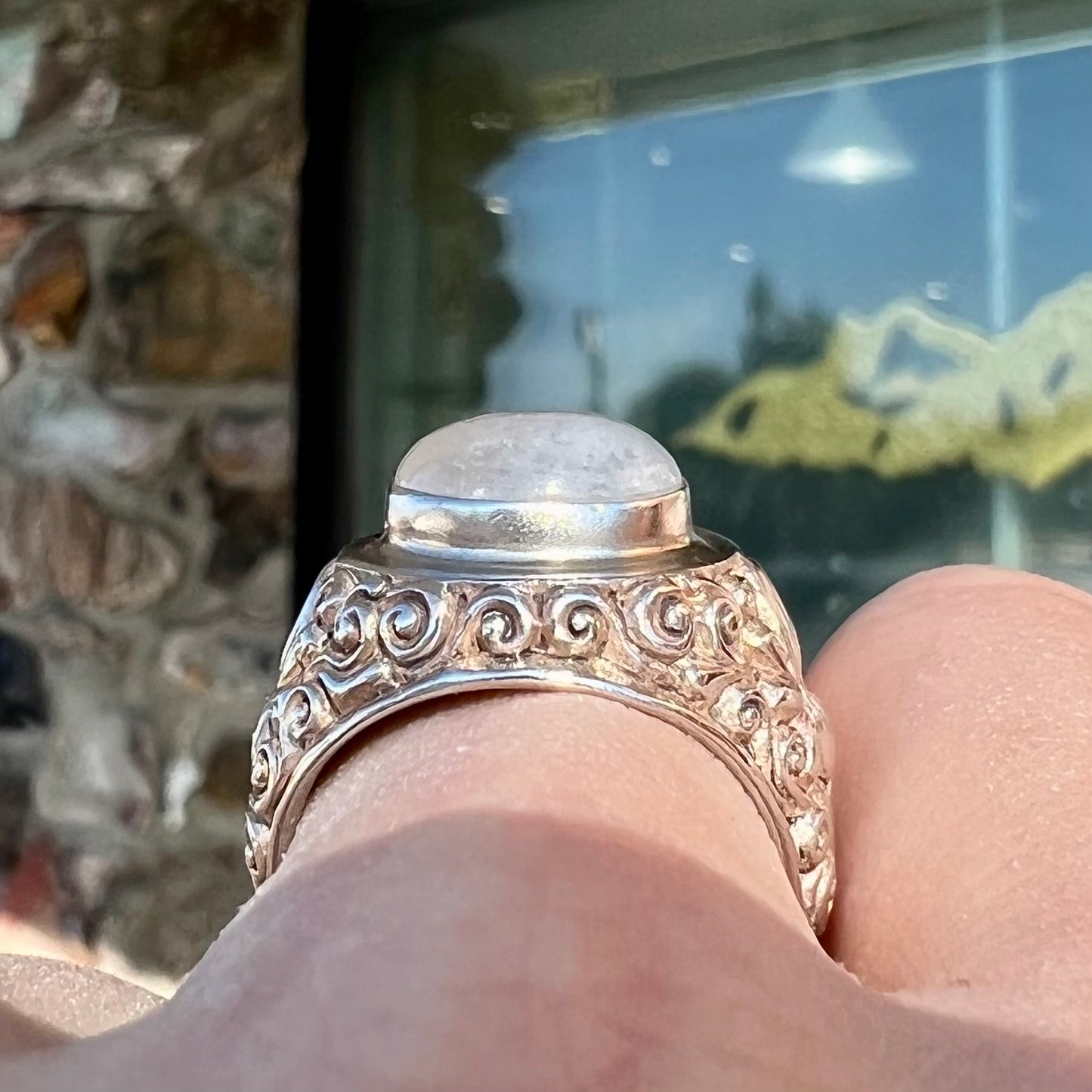 Unisex Moonstone Scroll Ring | Sterling Silver | Estate