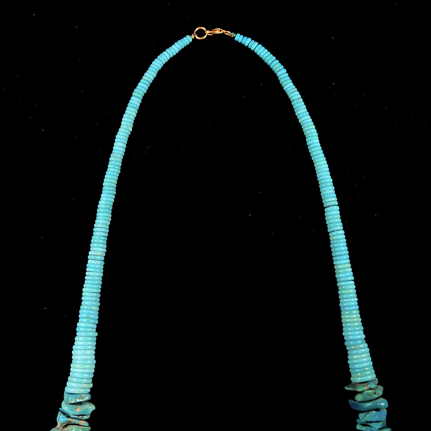 A men's turquoise stone bead necklace made from polished Kingman and Sleeping Beauty Mine turquoise.