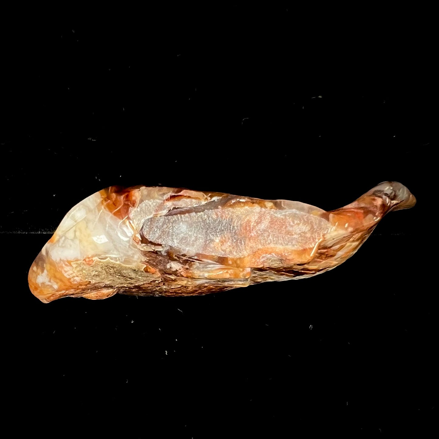A stone fish carved from Northern Mexican fire agate. The material is brown and white.