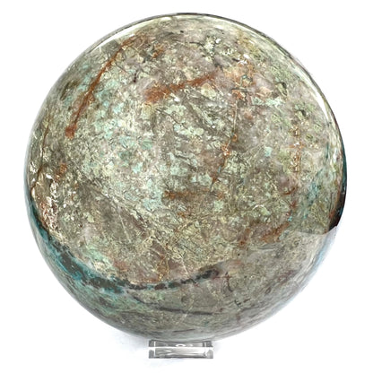 A stone sphere cut from Eilat Stone, mined in Israel.  Material contains turquoise, chrysocolla, azurite, malachite, and cuprite.