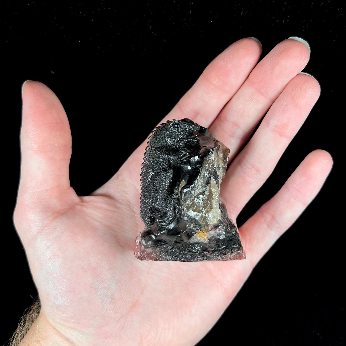 A stone lizard carved by artist, Ronald Stevens, from a liddicoatite tourmaline crystal.