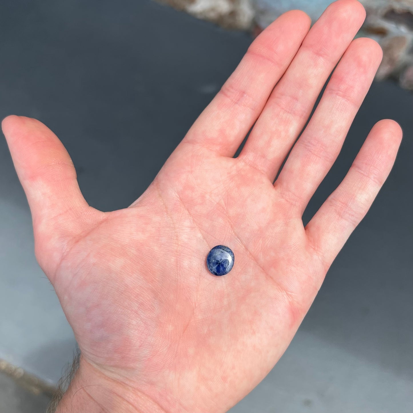 A loose, oval cabochon cut blue trapiche star sapphire stone.