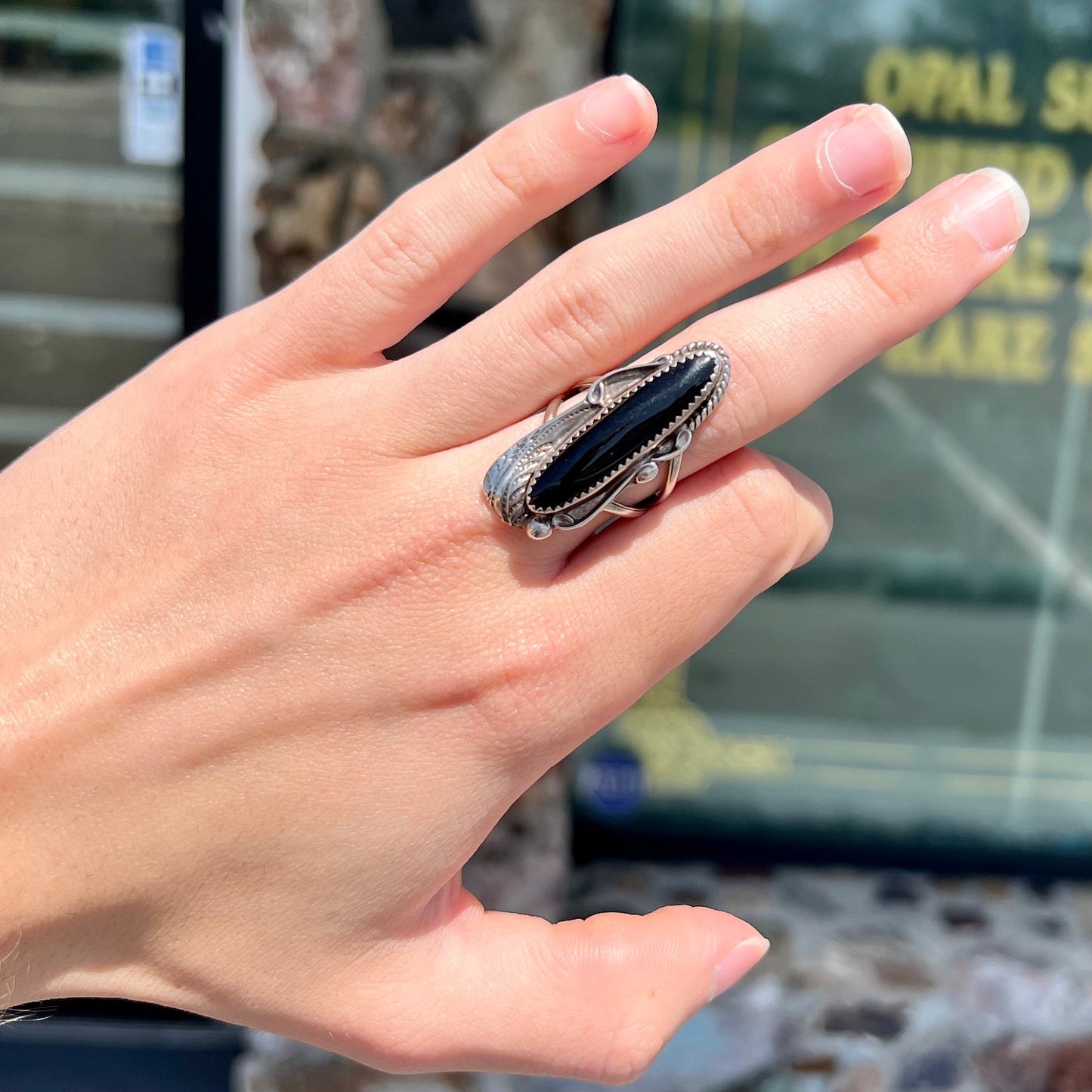 A sterling silver Navajo style onyx ring.